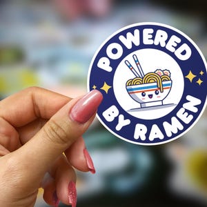 Powered by Ramen Vinyl Decal Sticker, Funny Cute Kawaii Noodles Decal, Ramen Noodle Lover Gift, Water bottle Sticker, Unisex Laptop Decal