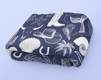 Coastal Cowgirl Cozy Velveteen Blanket, Any Season Throw Blanket, Gift for Her, Beach Seashell Blanket, Western Boho Navy White