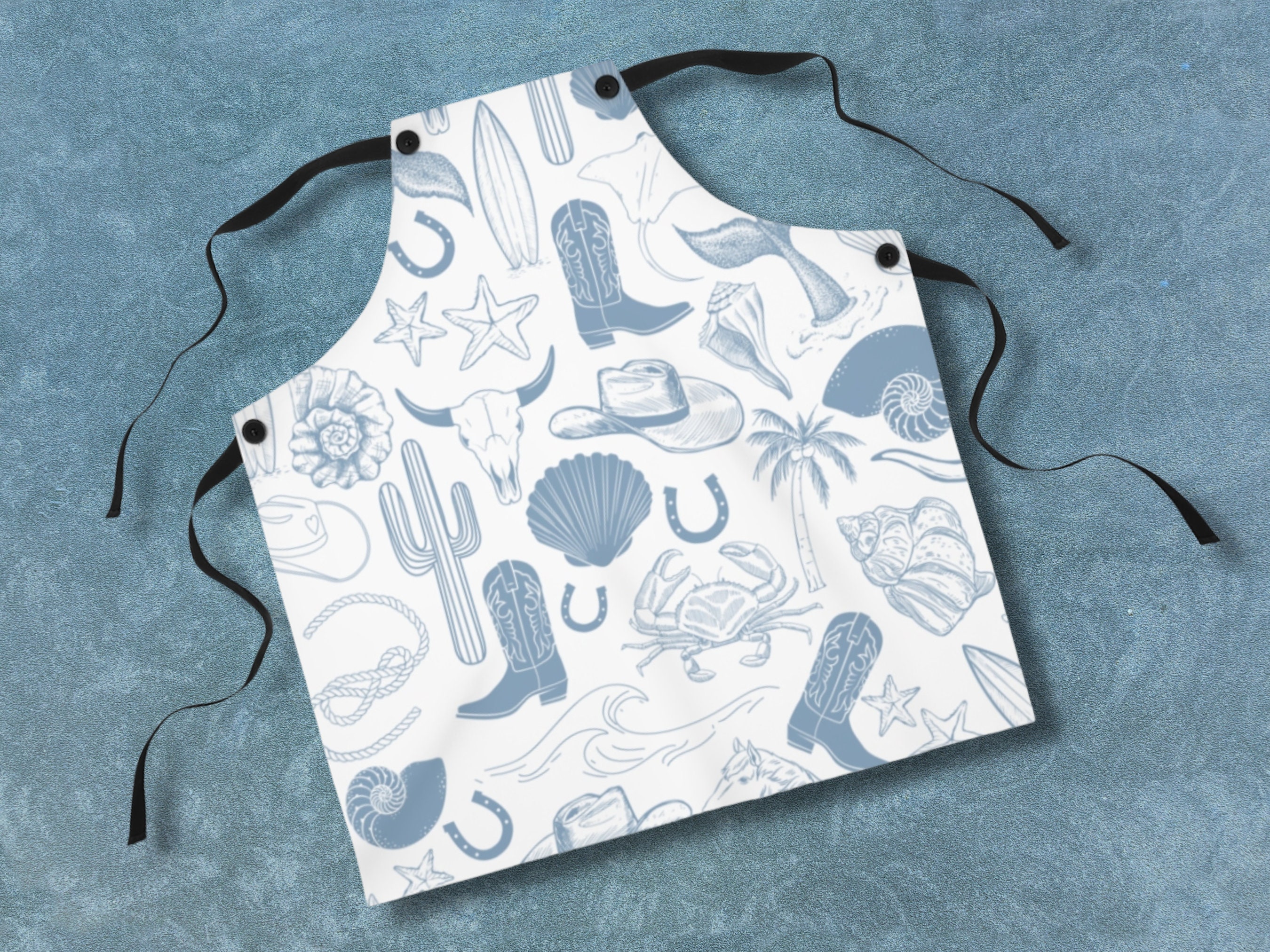 Coastal Cowgirl Apron, White Blue Kitchen Baking Cooking Apron, Gift for Her, Western Gift, Beach Lover Gift, Hostess Gift, Nautical Cowboy