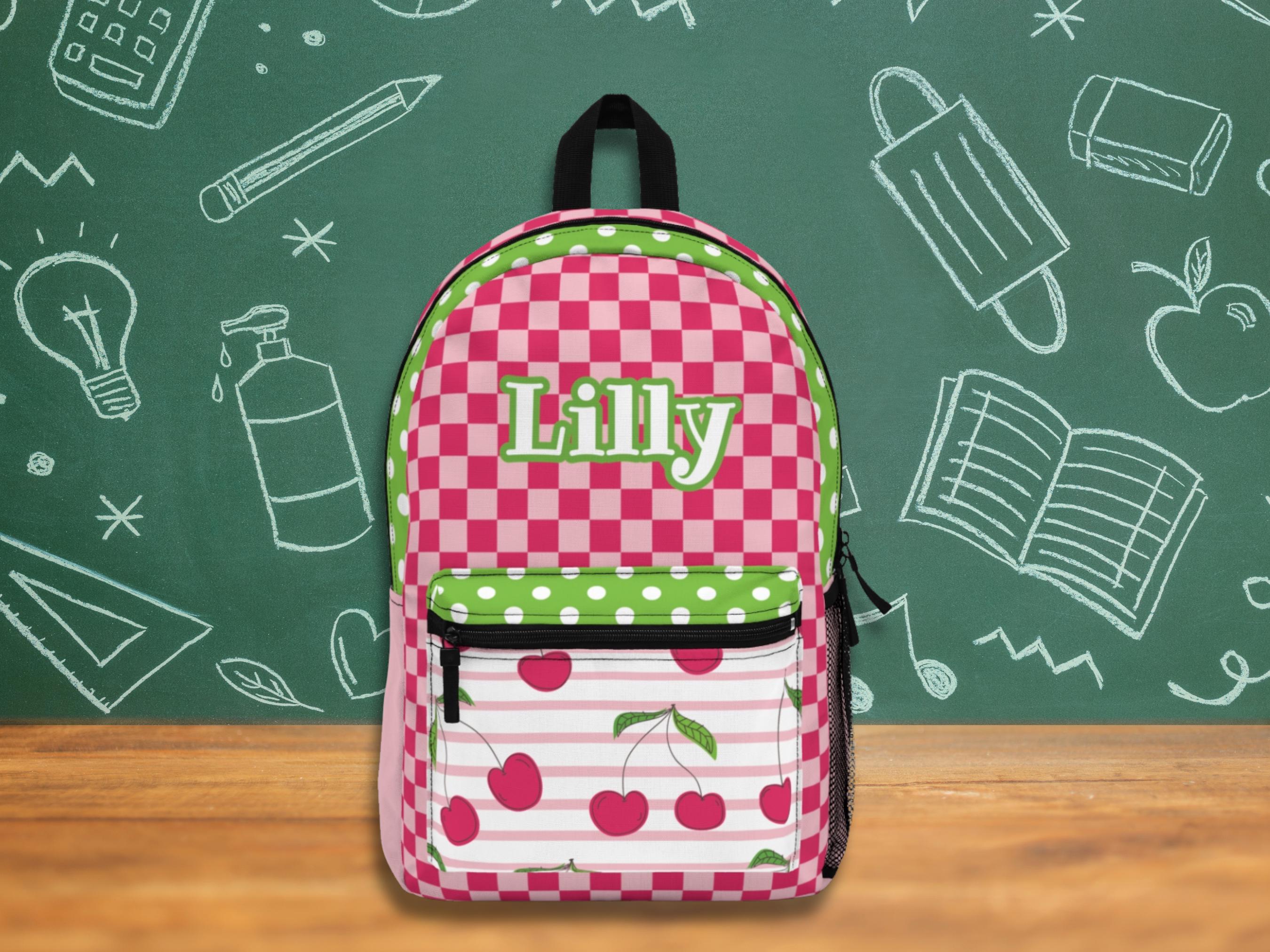 Personalized Pink Cherries Backpack, Checkered Polka Dot  display picture 1