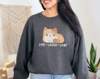 Felpa girocollo con gatto kawaii, maglione con gattino "Live Laugh Loaf", maglietta per amanti dei gatti, regalo per amanti dei gatti, felpa da donna con gatto pigro