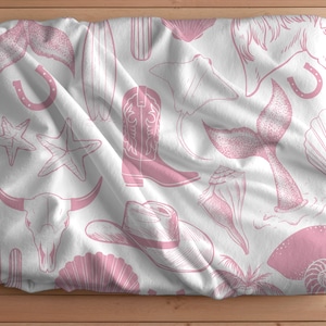 Roze kustcowgirl gezellige fluwelen deken, elk seizoen deken, cadeau voor haar, decor strand zeeschelp, westelijke oceaan boho