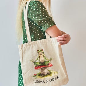 Cottagecore Ribbit and Relax Canvas Tote Bag, Funny Frog Bag, Gift for Toad Fan, Shopping Bag, Natural Shop Bag, Gift for Frog Lover, Yoga