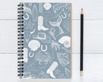 Coastal Cowgirl Spiral Notebook, Ruled Line Journal, Beachy Diary School Notes Book, Dusty Blue White Seashells, Western Southern Gift