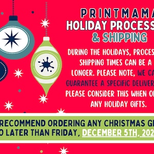 May include: Red background with holiday ornaments and text. The text reads "PRINTMAMA HOLIDAY PROCESSING & SHIPPING" and advises ordering Christmas gifts by December 5th, 2025, due to longer processing times.