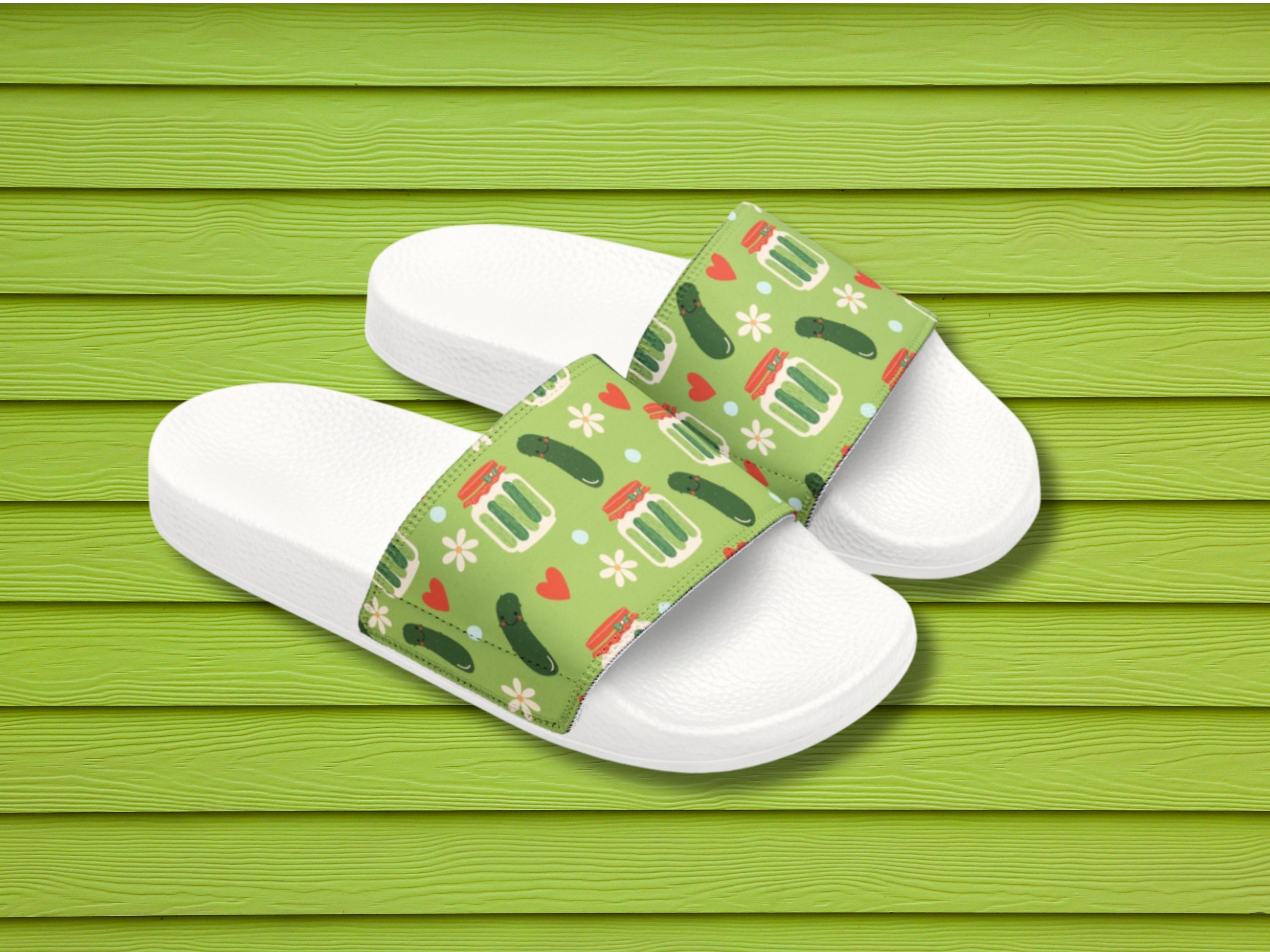 Kawaii Pickles Women's Beach Slide Sandals, Pool Flip Flop Shoes, Green Red White Slides, Gift for Pickle Lover, Cottagecore Jars Lime Green