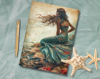 Fantasy Mermaid Art Hardcover Journal, Notes Diary Notebook, Beach Lover Gift, Sea Ocean Coral Fish Journal Sketchbook, Gift for Her