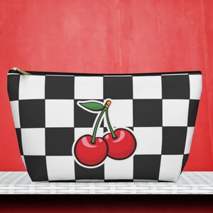 Checkered Cherries Zipper Pouch, Cute Cherry Makeup Bag, Gift for Her, Black White Checkers Squares Accessory Bag, Retro Cherry Lover Gift