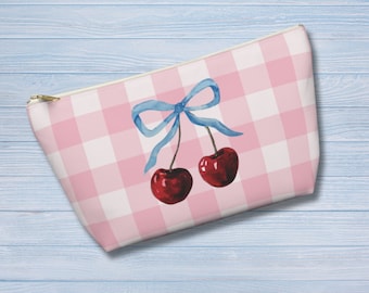 Cherry Bow Zipper Pouch, Girly Ribbon Cherries Makeup Bag