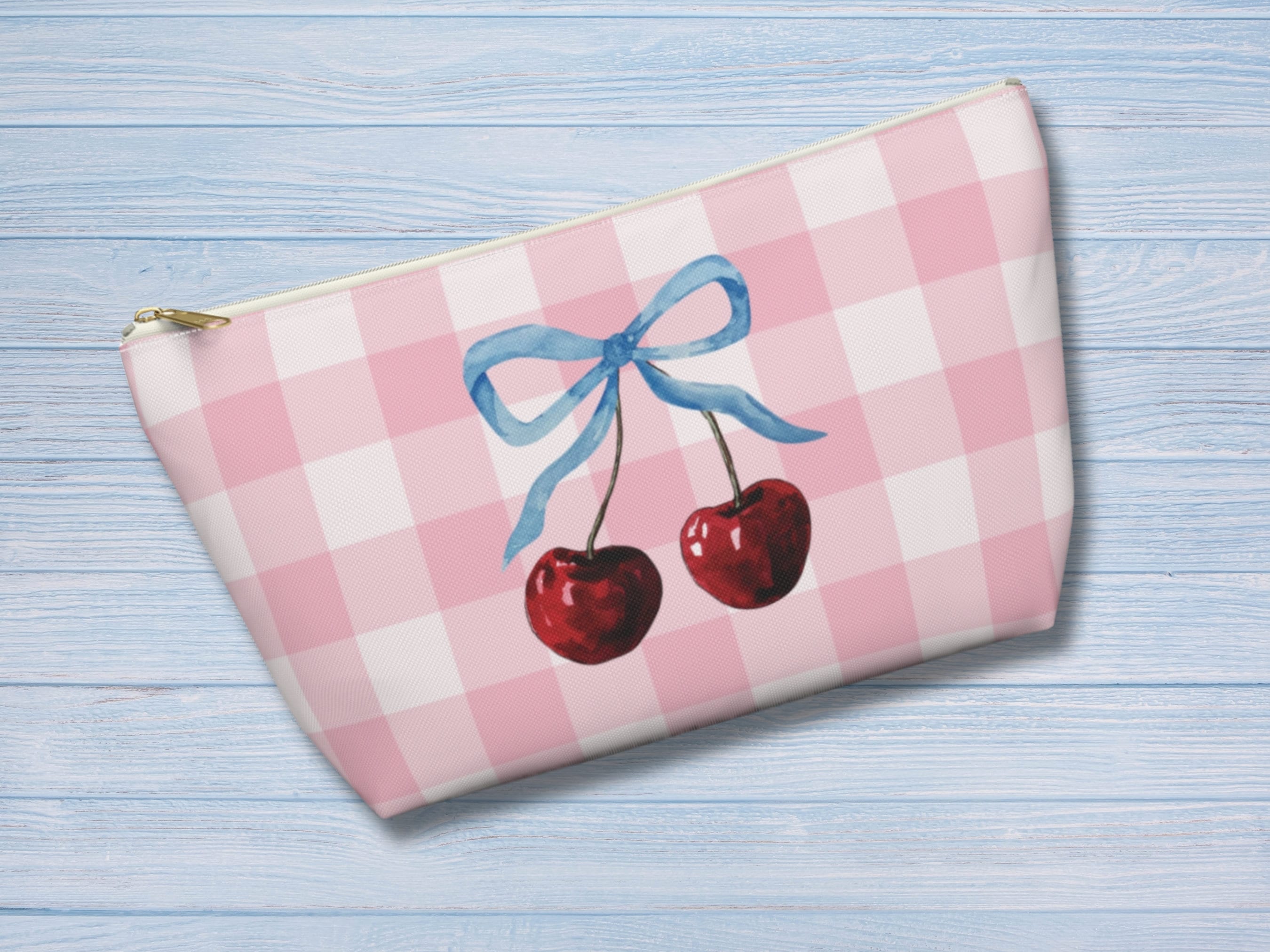 Cherry Bow Zipper Pouch, Girly Ribbon Cherries Makeup Bag