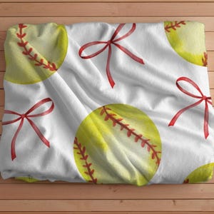 Coquette Softball Velveteen Blanket, Any Season Throw Blanket, Gift for Her, Red Bow Blanket, Soft Ball Player Gift, Sports Home Decor