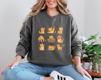 Sudadera de cuello redondo con gatos naranjas locos, suéter unisex con gatito pelirrojo, regalo para dueños de gatos, regalo para amantes de los gatos, regalo para ella, gatos atigrados naranjas