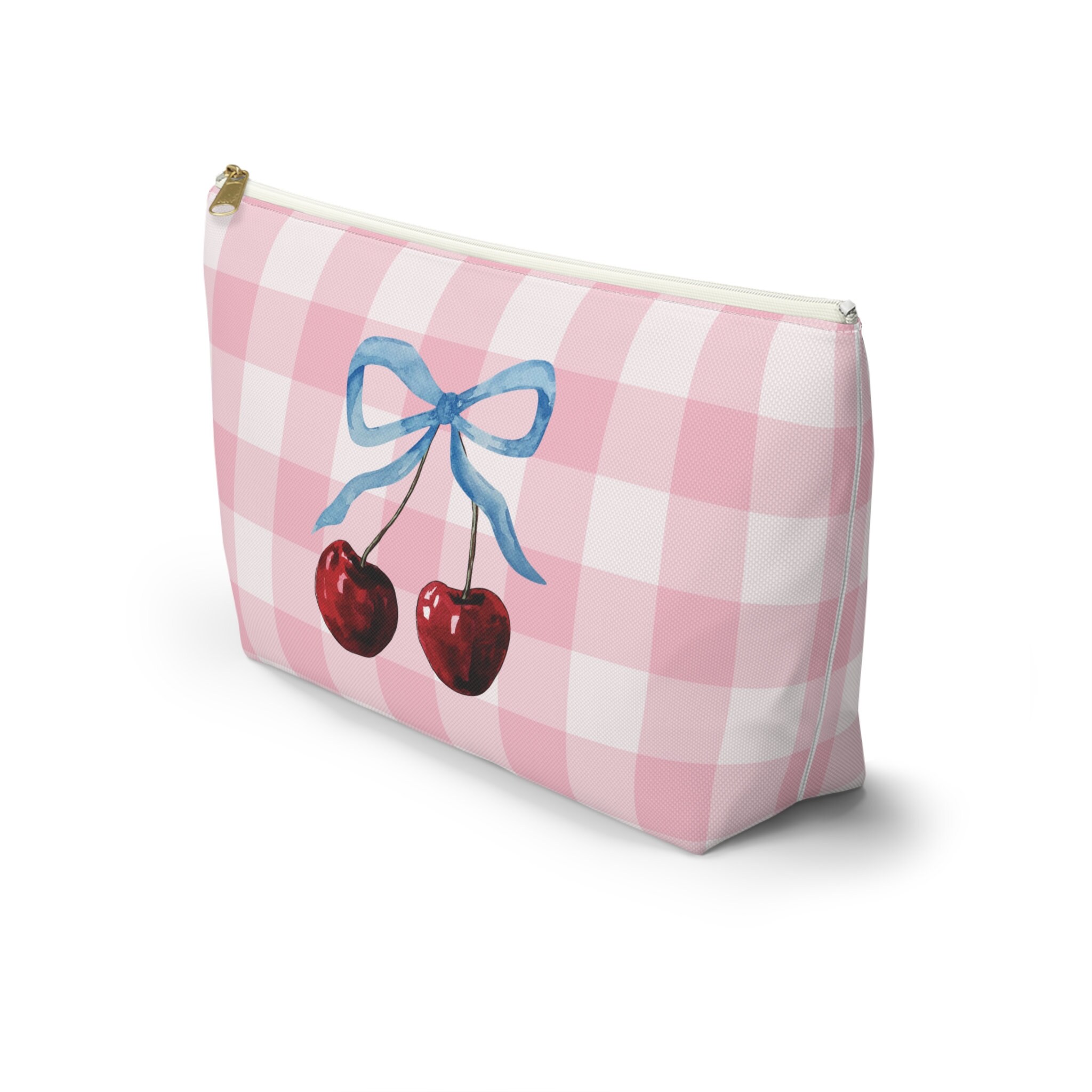 Cherry Bow Zipper Pouch, Girly Ribbon Cherries Makeup Bag