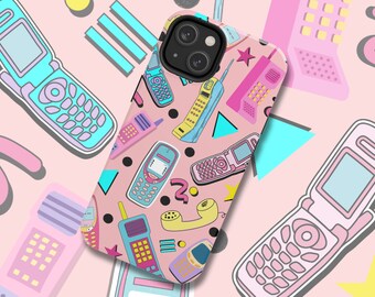 Retro Old School Cell Phones Tough iPhone Case, 90s 80s Cute Phone Cover, Nineties Pattern, Women's Pink Pastels Eighties Phonecase