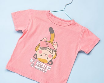 My Weekend is Booked Youth Cute Kawaii Kitty Cat Graphic Tee, Kids Reading Book Lover Girly Shirt