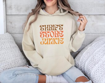Thrift Store Junkie Hooded Sweatshirt, Retro Groovy Hoodie, Unisex Thrifty Shirt, Gift for Thrifter, Thrift Shop Vintage Style, Thrifting