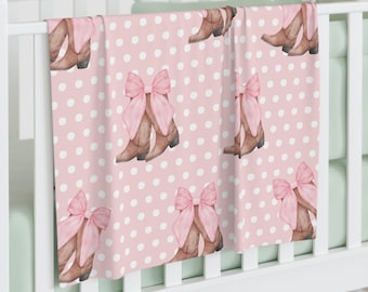 Coquette Cowgirl Baby Swaddle Blanket, 30" x 40" Pink Pastel Western Nursery Decor, Baby Girl Gift, Cowboy Boots Bows Watercolor Polka Dots
