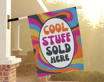 Cool Stuff Sold Here Flag, Retro Hippie Store Flag, Shop Welcome Flag, Small Business Shop Owner Gift, Groovy Funky Grand Opening Gift