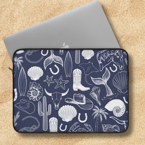 May include: A navy blue laptop sleeve with a white pattern of various nautical and western themed illustrations, including horseshoes, palm trees, seashells, surfboards, and a cowboy hat.
