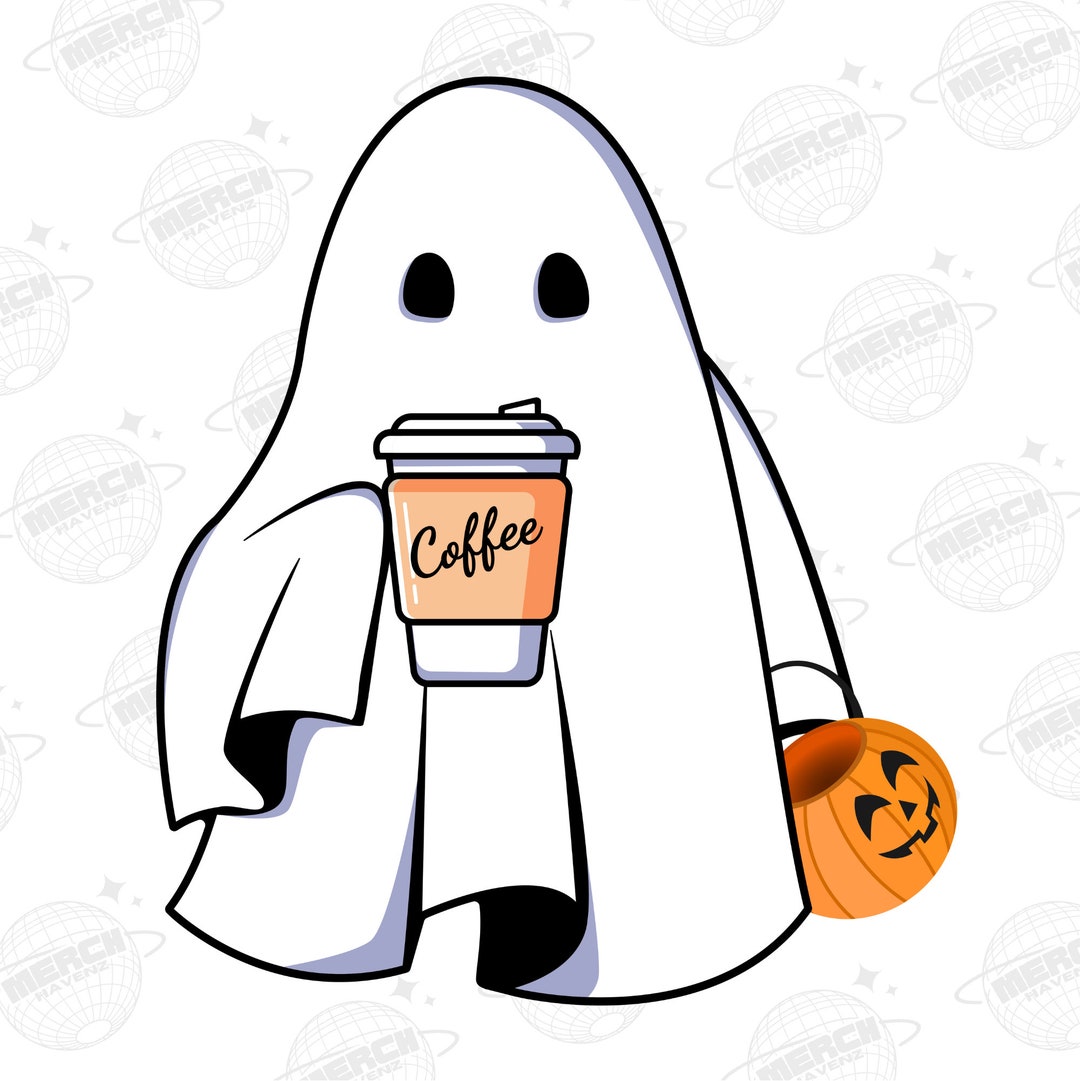 Cute Ghost Drinking Coffee Png, Ghost Ice Coffee Png, Halloween Ghost Png, Halloween Ghost Png