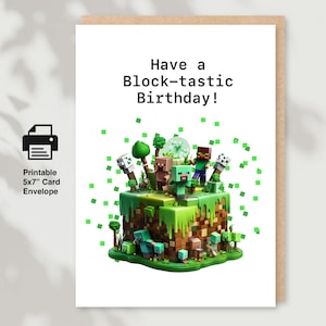 Afdrukbare Minecraft Creeper-verjaardagskaart, digitale download en afdrukbare 5 x 7-wenskaart met envelop