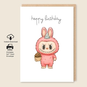Labubu Birthday Card, Digital Download and Printable 5x7 Greeting Card with Envelope