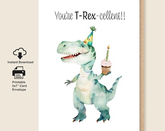 Printable T Rex (Dinosaur) Birthday Card, Digital Download and Printable 5x7 Greeting Card with Envelope