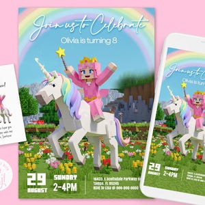 Convite de aniversário para meninas no Minecraft, editável, faça você mesmo (um arquivo serve tanto para cartão postal 5x7, convite por telefone e etiqueta de agradecimento)