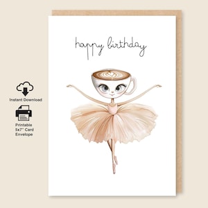 Printable  Italian Brainrot Ballerina Cappuccina Birthday Card, Digital Download and Printable 5x7 Greeting Card with Envelope