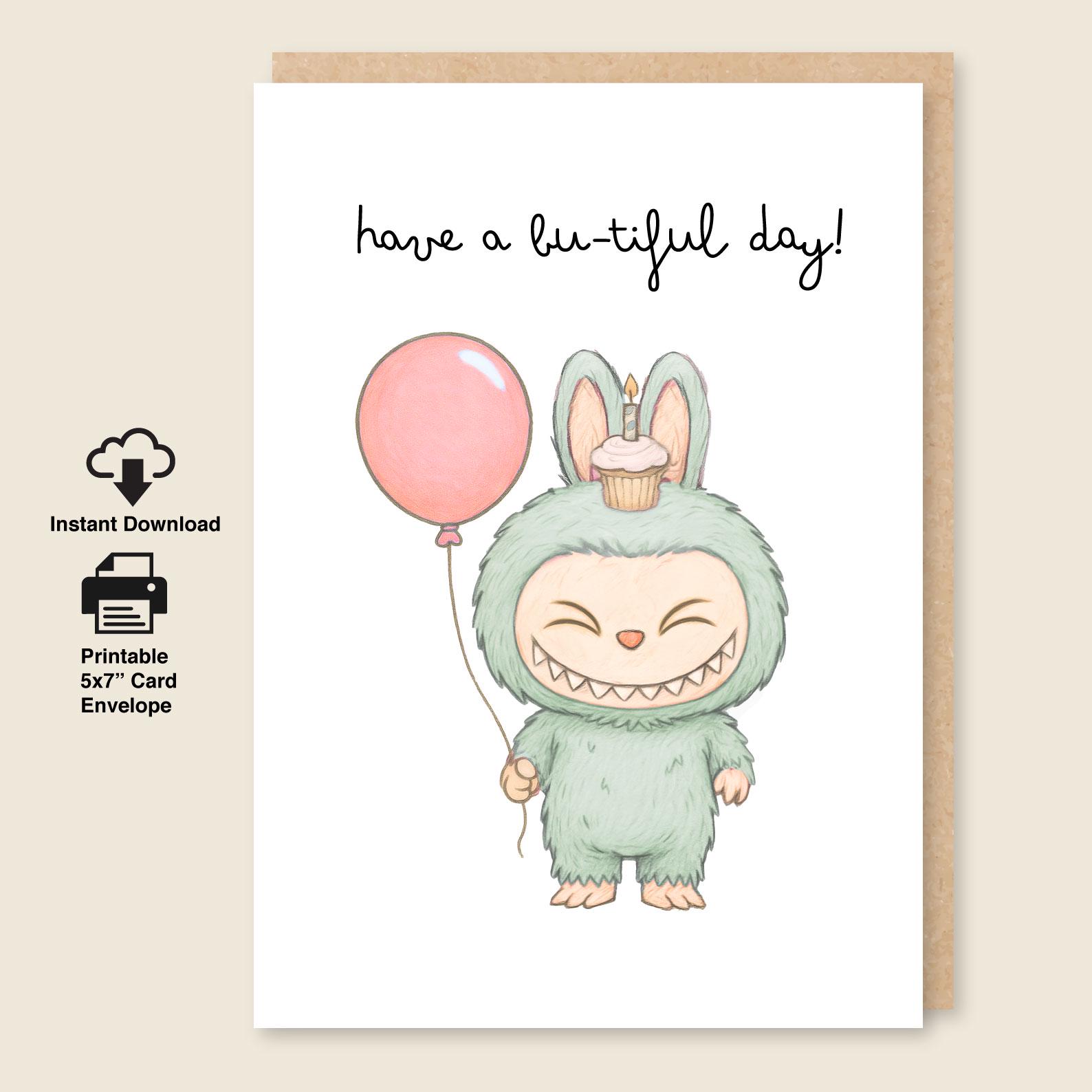 Labubu Birthday Card, Digital Download and Printable 5x7 Greeting Card with Envelope