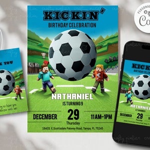 Invitation d'anniversaire de football sur le thème Minecraft DIY modifiable (un fichier fonctionne à la fois pour la carte postale 5x7 et l'invitation téléphonique + étiquette de remerciement)