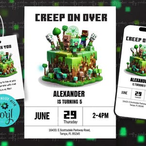 Minecraft Creeper Geburtstagseinladung bearbeitbares DIY Set (Text einladen + 13x18 Print + Danke Tag)