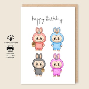 Labubu Birthday Card, Digital Download and Printable 5x7 Greeting Card with Envelope
