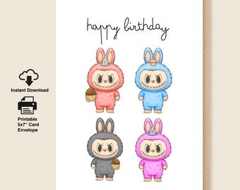 Labubu Birthday Card, Digital Download and Printable 5x7 Greeting Card with Envelope
