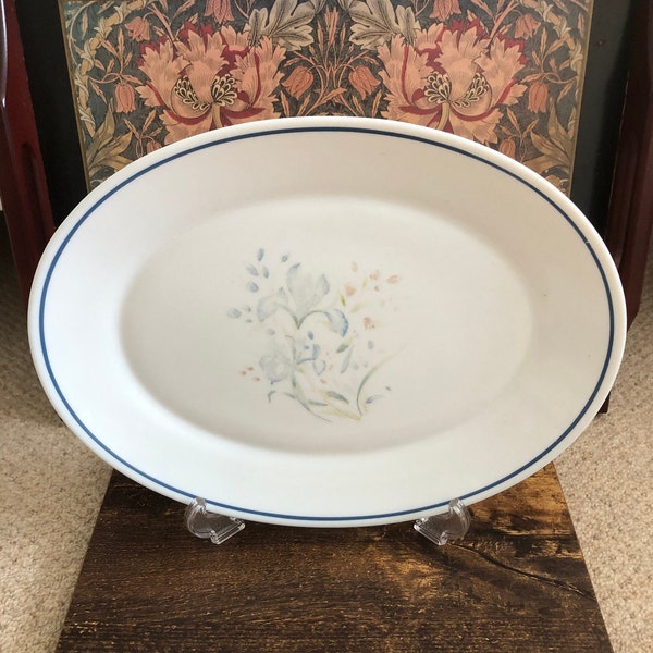 Pyrex JAJ Oval Steak Plate. Pyrex Blue Iris Pattern Oval Meat Plate White & Multicoloured Pattern