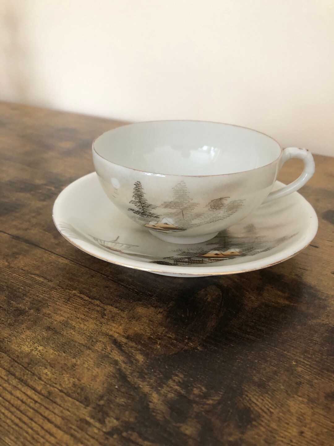 Vintage Japanese Eggshell Porcelain Tea Cup Hand Painted Pagoda Lake ...