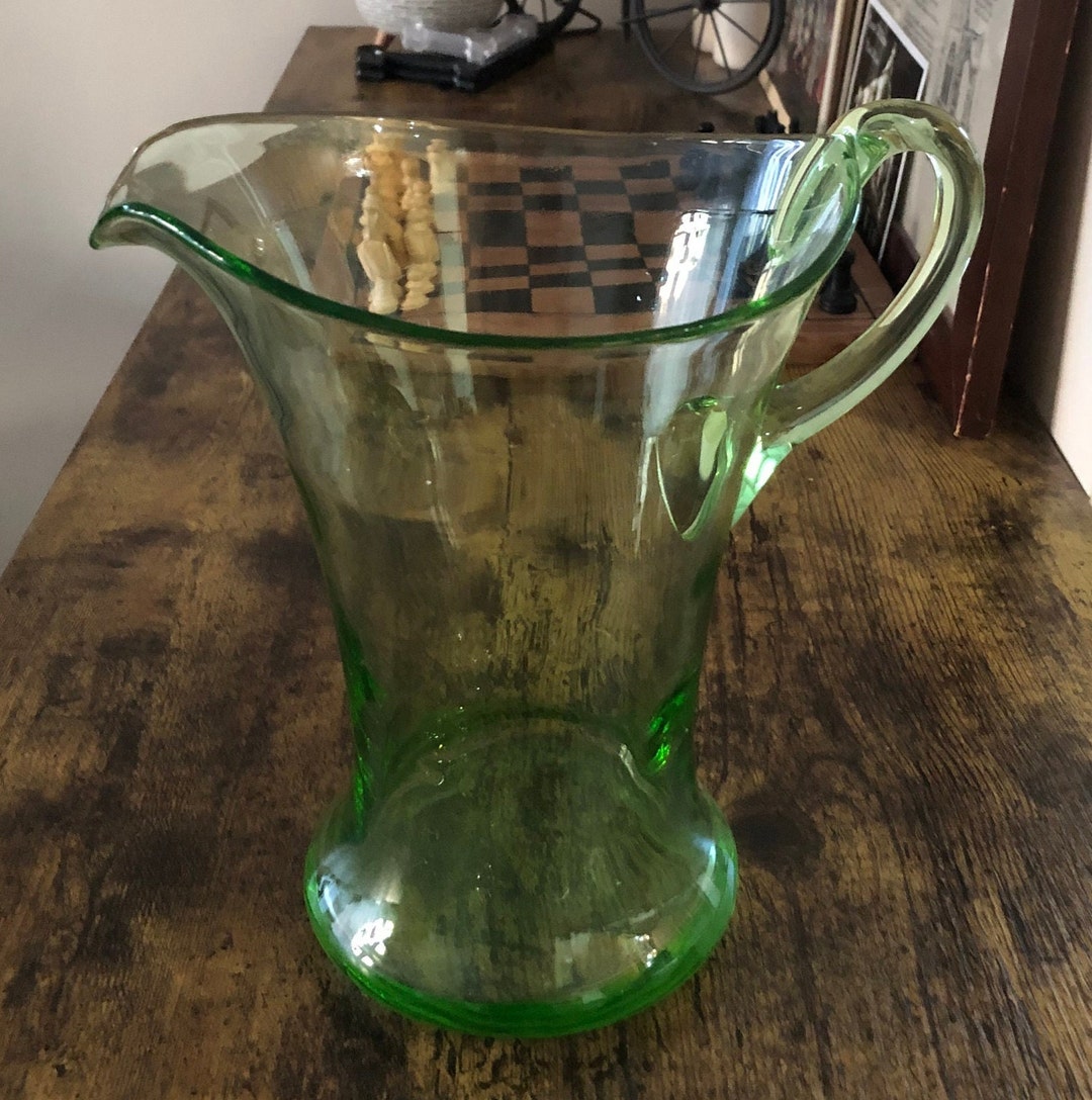 Vintage 1930s Hand Blown Uranium Glass Water Jug Pitcher Nice Glow