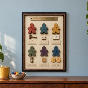 May include: A framed wall display titled A Field Guide to Board Gamers featuring six wooden meeples in red, teal, yellow, green, purple, and blue, accompanied by small objects like a gavel, lantern, and crackers with descriptive labels.