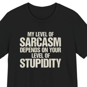 May include: A black short-sleeved t-shirt featuring the white distressed-style text MY LEVEL OF SARCASM DEPENDS ON YOUR LEVEL OF STUPIDITY printed in the center of the chest. The shirt has a crew neckline and a standard fit with short sleeves.