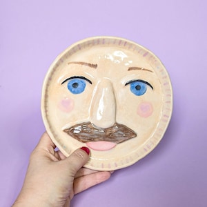 Ceramic jewelry plate with face with mustache, jewelry bowl, ring bowl, ring dish, pottery jewelry bowl, bowl decoration
