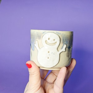 Ceramic snowman mug; ceramic mug with blue drips; hand-thrown coffee mug; winter cup