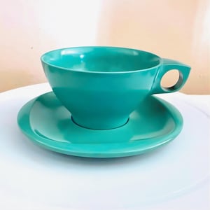Vintage Boontonware Turquoise Tea Cup and Saucer Set Mid Century Modern Melamine USA
