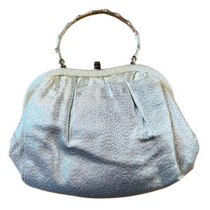 Vintage 50s Silver Lame Evening Bag with Bamboo Handle by After Five Satin Lined Clutch Made in USA