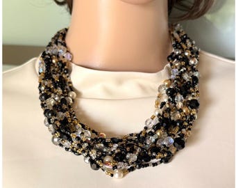 Vintage Joan Rivers Torsade 16 Strand Statement Necklace Black Gold 20in