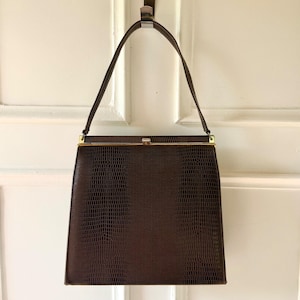 Vintage 1960s Naturalizer Brown Crocodile Embossed Leather Handbag Top Handle Purse Mid Century Classic Glam Quiet Luxury Retro Chic