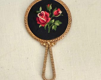 Espejo de mano antiguo dorado, rosa bordada, tocador de principios del siglo XX, pieza de herencia, decoración victoriana