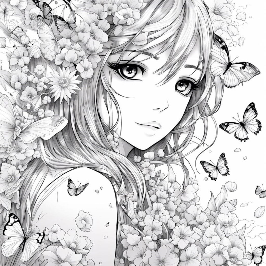 AI Art Coloring Template Manga Girl and Butterflies - Etsy