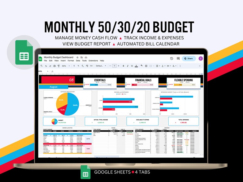 503020 Budget Spreadsheet for Google Sheets 50/30/20 Monthly Budget ...