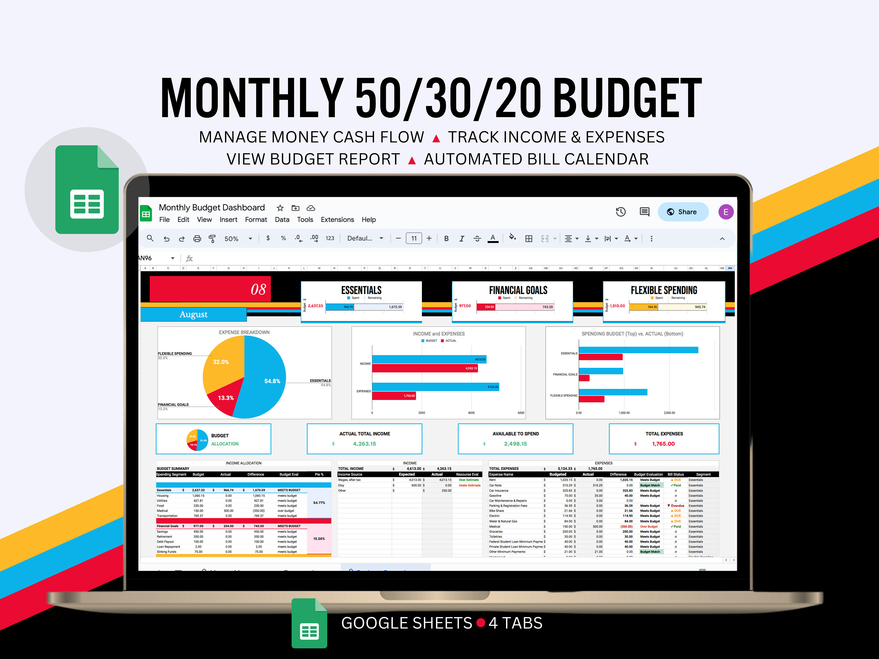 503020 Budget Spreadsheet for Google Sheets 50/30/20 Monthly Budget ...