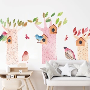 Decalcomanie da muro per uccelli, adesivi murali naturali, arte da parete con uccelli carini, adesivo da parete per la cameretta dei bambini, decalcomania da muro per sala giochi, adesivi acquerello Uccelli, decalcomania dell&#39;albero